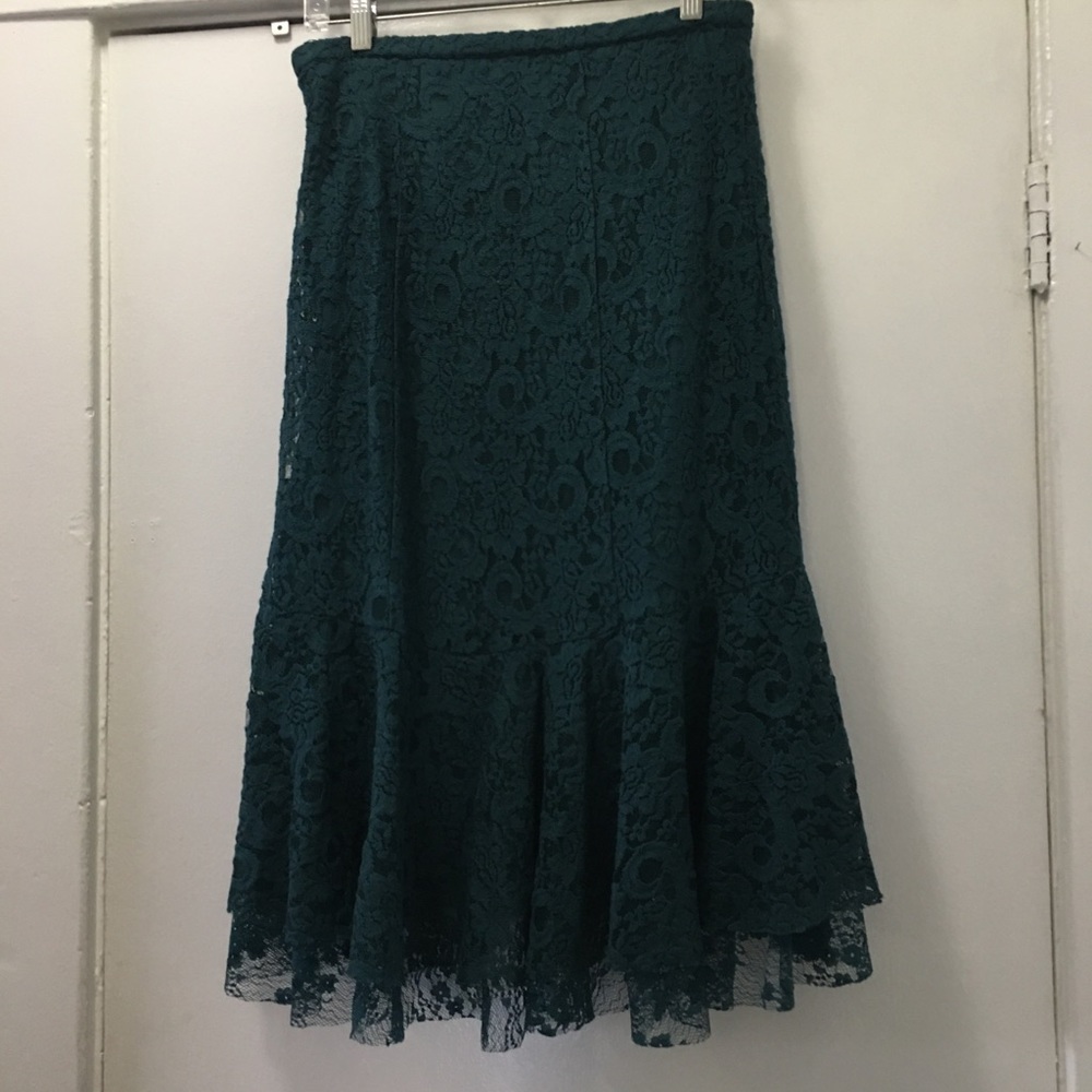 Anthropologie Teal Lace Asymmetrical Hem Skirt - Picture 4 of 10